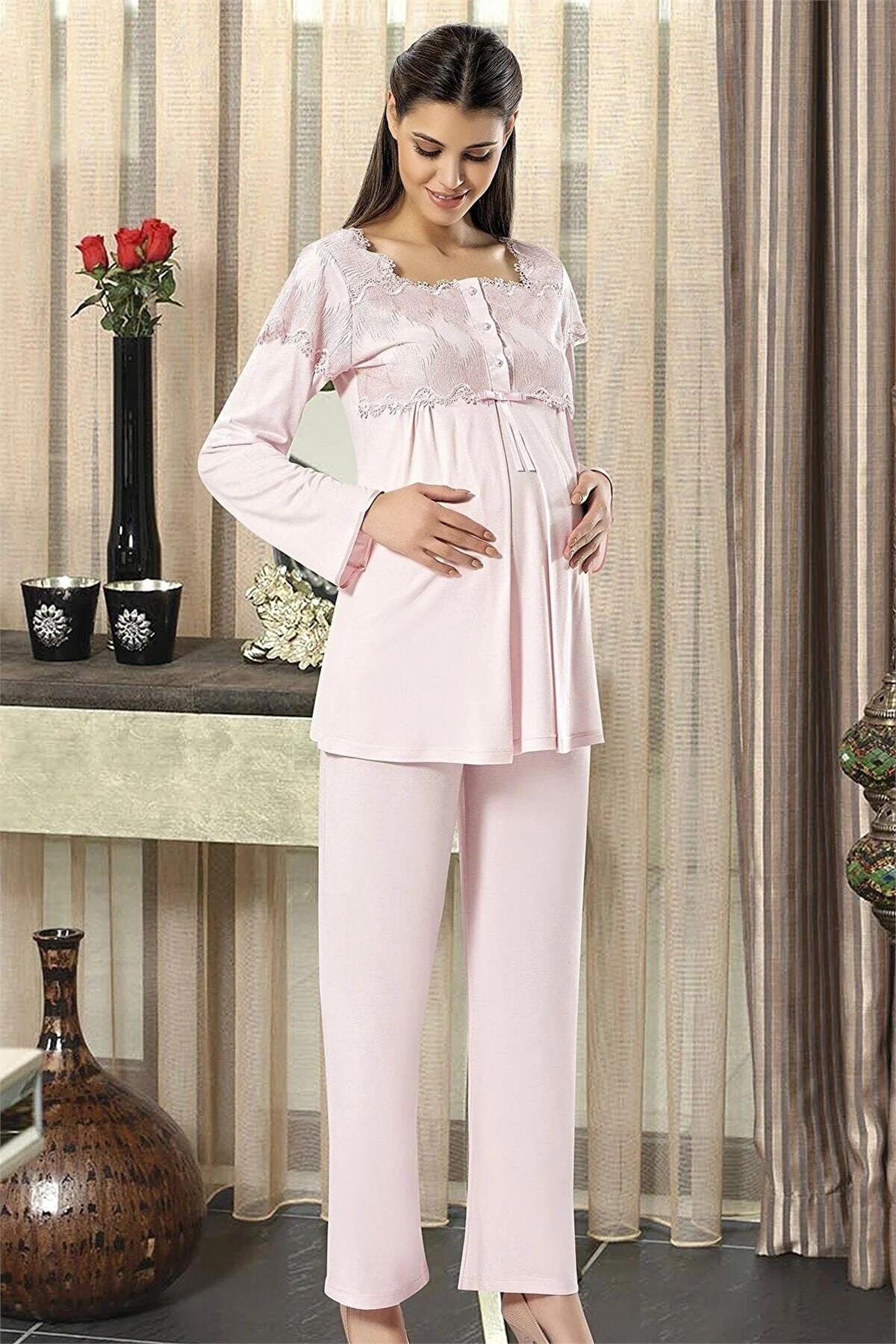 XSES 2195 Kadın Hamile Lohusa Sabahlıklı Pijama Takım-Pudra