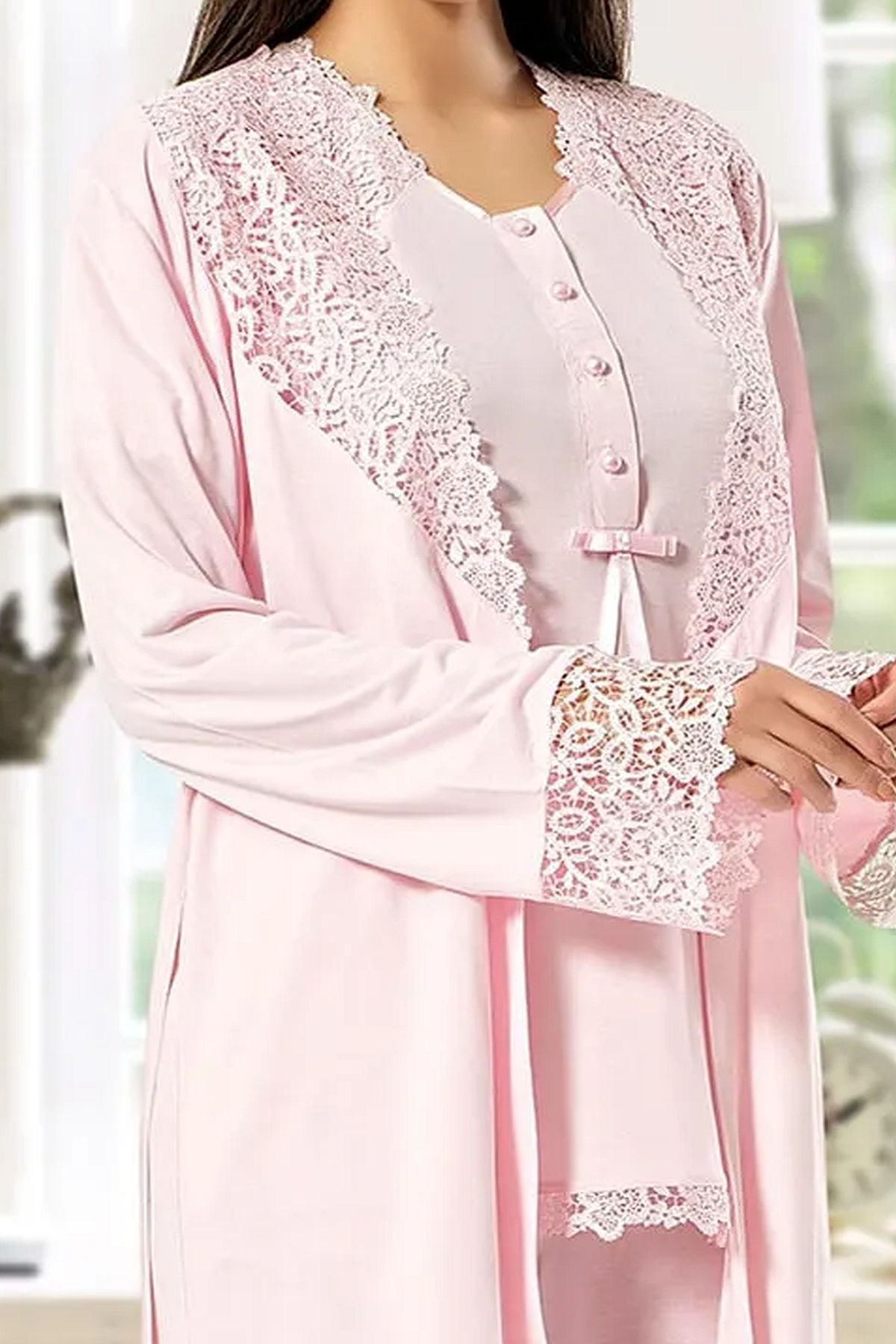 XSES 4200 Kadın Hamile Lohusa Sabahlıklı Pijama Takım-Pudra