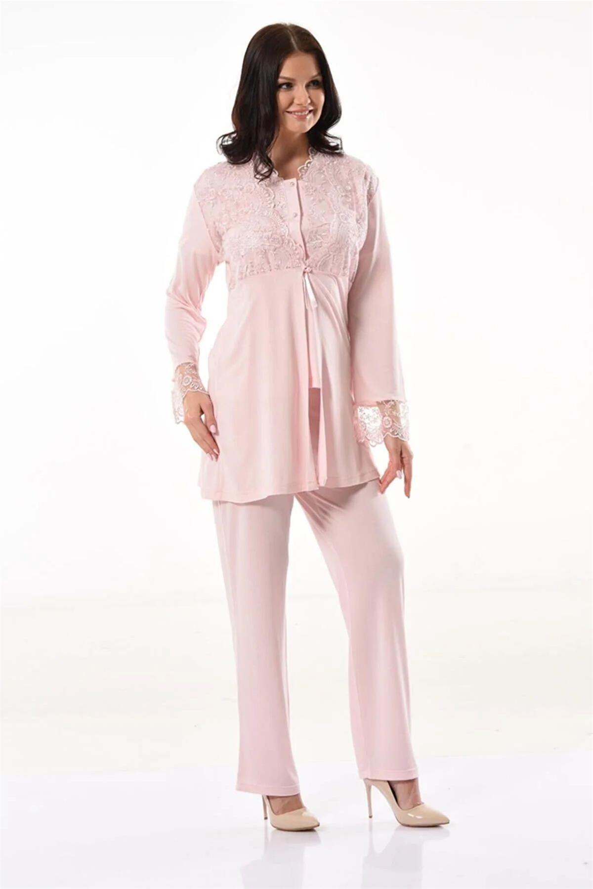 XSES 4300 Kadın Hamile Lohusa Sabahlıklı Pijama Takım-Pudra