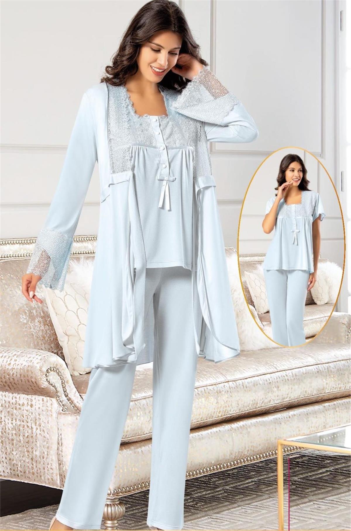 XSES 4700 Kadın Hamile Lohusa Sabahlıklı Pijama Takım-Mavi