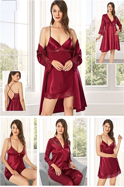 Alissa 8610 Kadın Çeyizlik Saten 6lı Set-Bordo