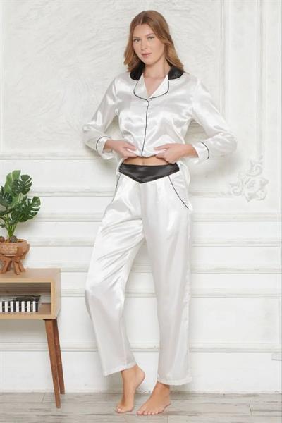 Angels Story 1203 Kadın Saten Uzun Kollu Gömlek Pijama Takım-Beyaz