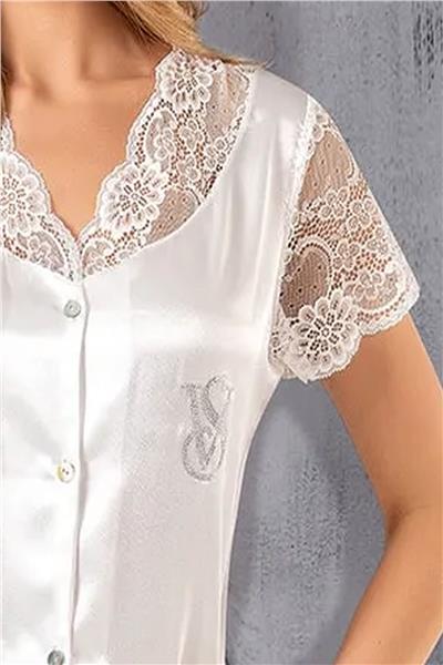 Angels Story 1855 Kadın Saten Kısa Kollu Pijama Takımı-Beyaz