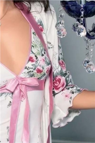 Angels Story 8955 Kadın İp Askılı Sabahlıklı Gecelik Takım-Beyaz