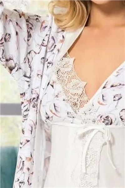 Angels Story 9530 Kadın Saten İp Askılı Sabahlıklı Pijama Takım-Ekru