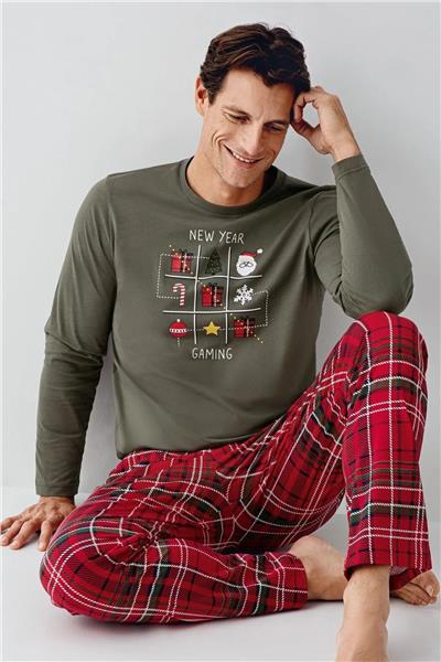 Arnetta 3513 Erkek Uzun Kollu Bisiklet Yaka Pijama Takımı-Yeşil