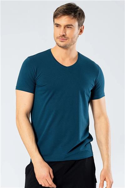 Cacharel 1332 Erkek V Yaka Kısa Kollu T-shirt-Petrol