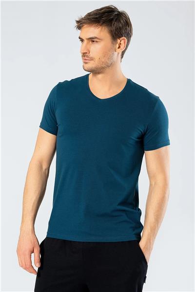 Cacharel 1332 Erkek V Yaka Kısa Kollu T-shirt-Petrol