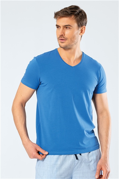 Cacharel 1332 V Yaka Kısa Kollu Erkek T-Shirt - Saks