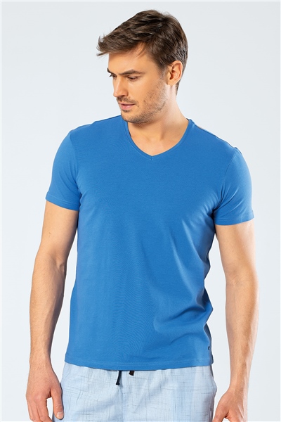 Cacharel 1332 V Yaka Kısa Kollu Erkek T-Shirt - Saks