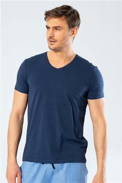 Cacharel 1332 V Yaka Kısa Kollu Erkek T-Shirt - İndigo