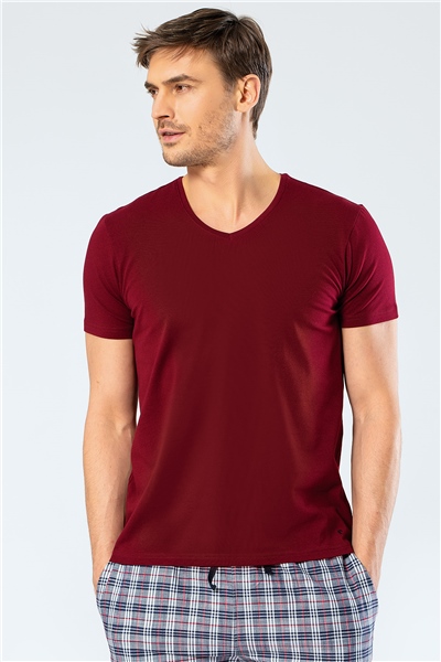 Cacharel 1332 V Yaka Kısa Kollu Erkek T-Shirt - Bordo