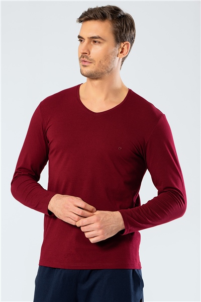 Cacharel 1334 Erkek V Yaka Uzun Kollu T-Shirt - Bordo