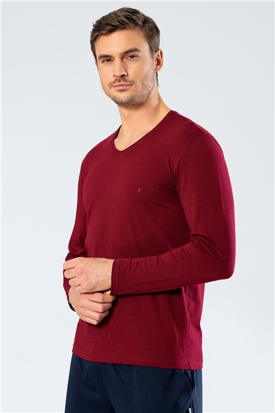 Cacharel 1334 Erkek V Yaka Uzun Kollu T-Shirt - Bordo