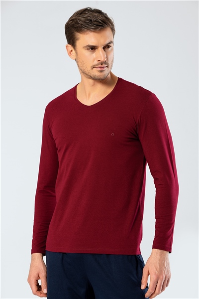 Cacharel 1334 Erkek V Yaka Uzun Kollu T-Shirt - Bordo