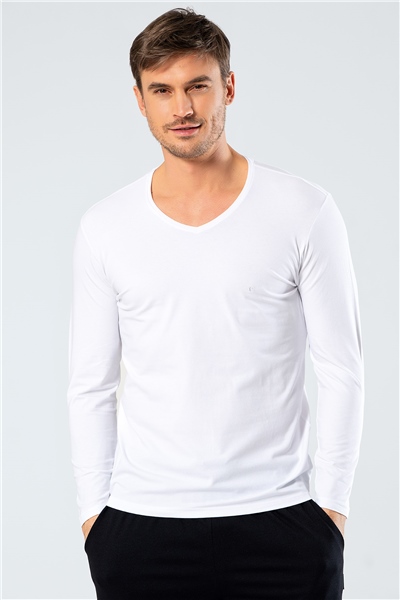 Cacharel 1334 Erkek V Yaka Uzun Kollu T-Shirt - Beyaz