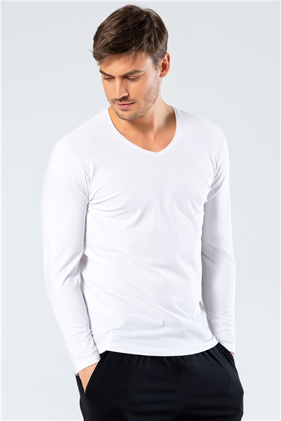 Cacharel 1334 Erkek V Yaka Uzun Kollu T-Shirt - Beyaz