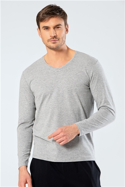 Cacharel 1334 Erkek V Yaka Uzun Kollu T-Shirt - Gri