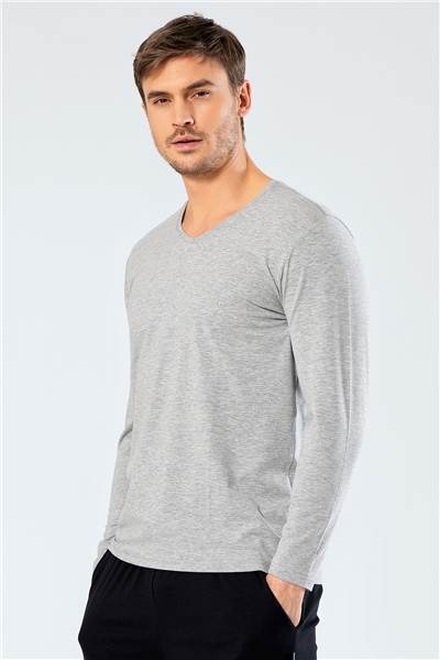 Cacharel 1334 Erkek V Yaka Uzun Kollu T-Shirt - Gri
