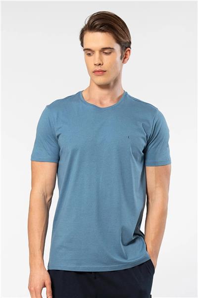 Cacharel 2169 Erkek Modal Pamuk Bisiklet Yaka Kısa Kollu T-shirt-İndigo
