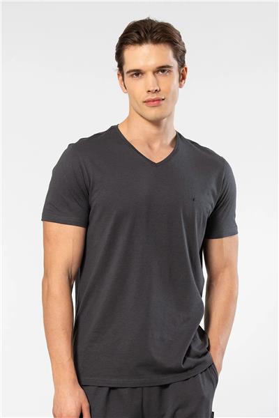 Cacharel 2170 Erkek Modal Pamuk V Yaka Kısa Kollu T-shirt-Antrasit
