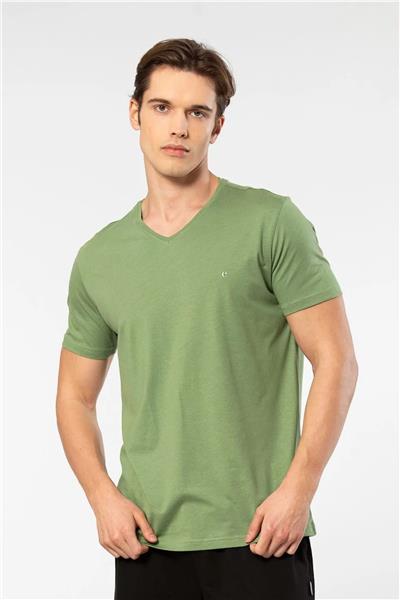 Cacharel 2170 Erkek Modal Pamuk V Yaka Kısa Kollu T-shirt-Yeşil