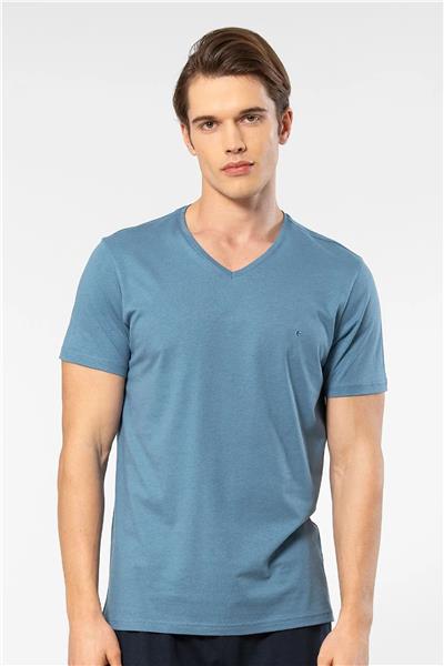 Cacharel 2170 Erkek Modal Pamuk V Yaka Kısa Kollu T-shirt-İndigo