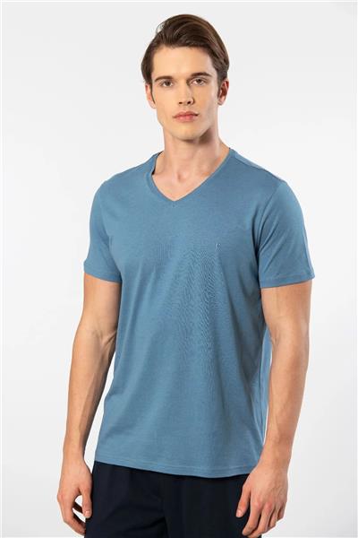 Cacharel 2170 Erkek Modal Pamuk V Yaka Kısa Kollu T-shirt-İndigo