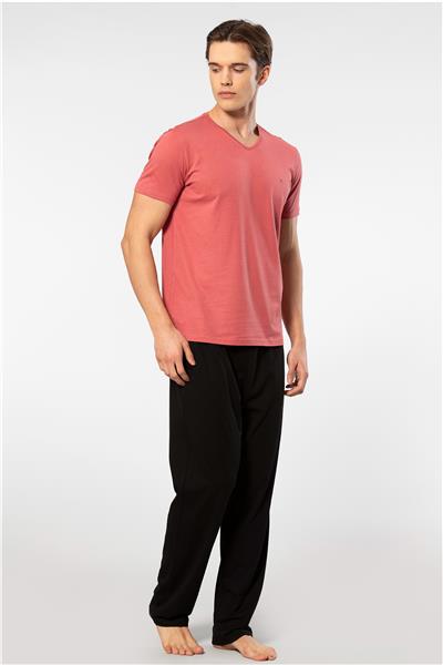 Cacharel 2192 Erkek Kısa Kollu V Yaka Pijama Takımı-Mercan