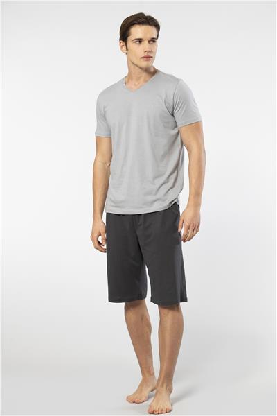 Cacharel 2193 Erkek Kısa Kollu V Yaka Şortlu Pijama Takımı-Gri