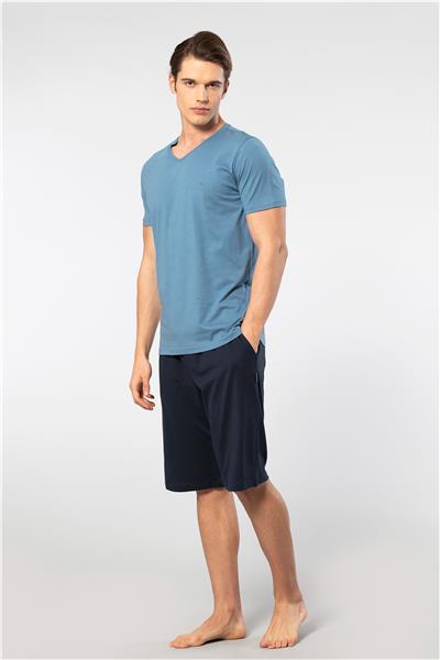 Cacharel 2193 Erkek Kısa Kollu V Yaka Şortlu Pijama Takımı-İndigo