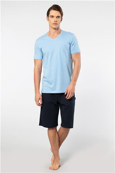 Cacharel 2193 Erkek Kısa Kollu V Yaka Şortlu Pijama Takımı-Mavi