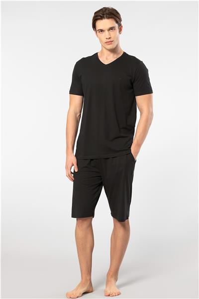 Cacharel 2193 Erkek Kısa Kollu V Yaka Şortlu Pijama Takımı-Siyah
