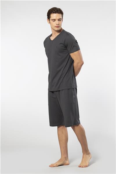 Cacharel 2193 Erkek Kısa Kollu V Yaka Şortlu Pijama Takımı-Antrasit