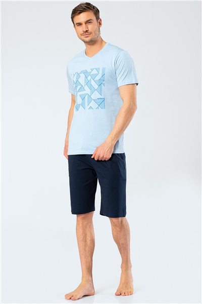 Cacharel 2199 Erkek Baskılı V Yaka Bermuda Şort Pijama Takım - Mavi