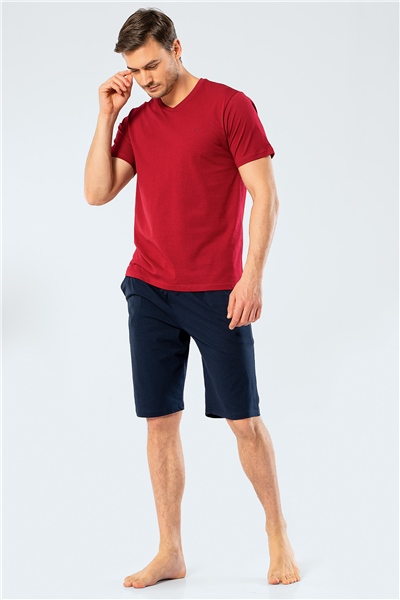 Cacharel 2206 Erkek Nakışlı V Yaka Bermuda Şort Takımı - Bordo