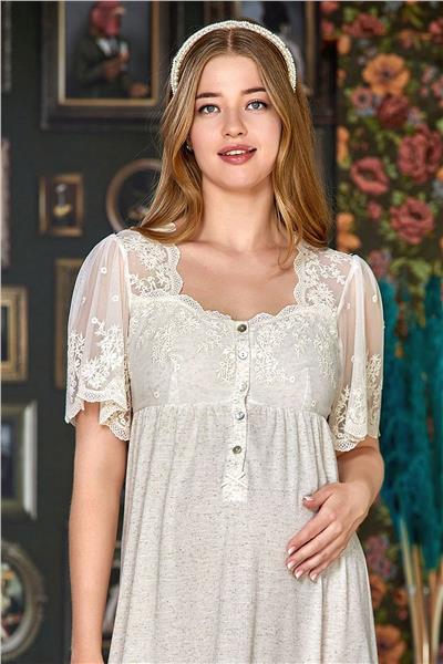 Cossy by Aqua 24081 Hamile Lohusa Keten Kısa Kollu Gecelik-Bej