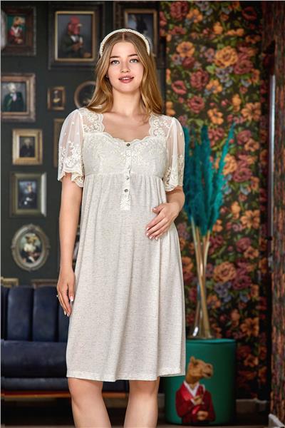 Cossy by Aqua 24081 Hamile Lohusa Keten Kısa Kollu Gecelik-Bej