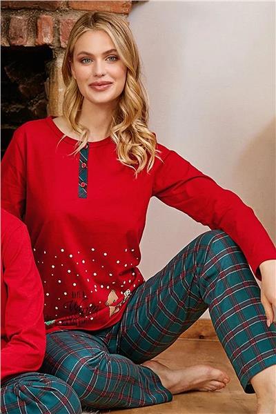 Cossy by Aqua 24048 Kadın Uzun Kollu Yeni Yıl Temalı Pijama Takımı-Kırmızı