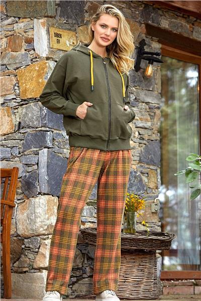 Cossy by Aqua 24059 Kadın Ekose Desen 3lü Eşofman-Haki