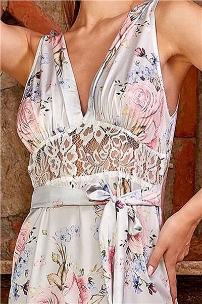 Cossy by Aqua 24091 Kadın Saten Kalın Askılı Dantel Detaylı Uzun Gecelik-Desenli