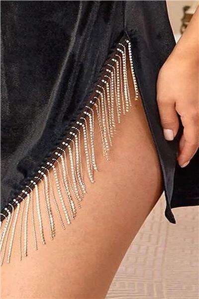 Cossy by Aqua 25033 Kadın Kadife Taş Askılı Yırtmaçlı Kruvaze Yaka Gecelik-Siyah