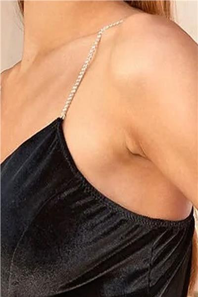 Cossy by Aqua 25033 Kadın Kadife Taş Askılı Yırtmaçlı Kruvaze Yaka Gecelik-Siyah