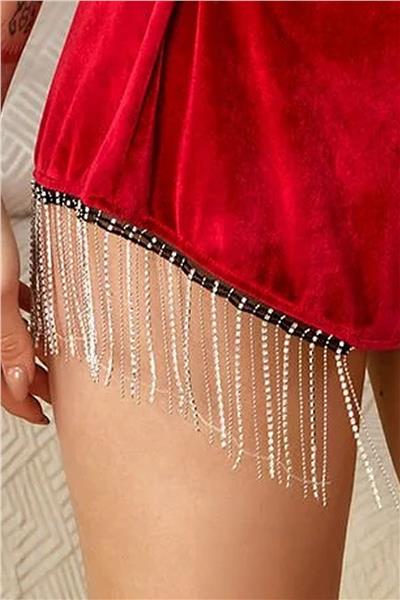 Cossy by Aqua 24118 Kadın Kadife Taş Detaylı Askılı Şort Takım-Kırmızı