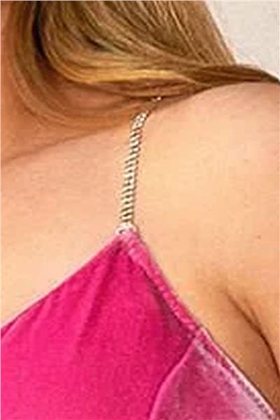 Cossy by Aqua 24118 Kadın Kadife Taş Detaylı Askılı Şort Takım-Fuşya