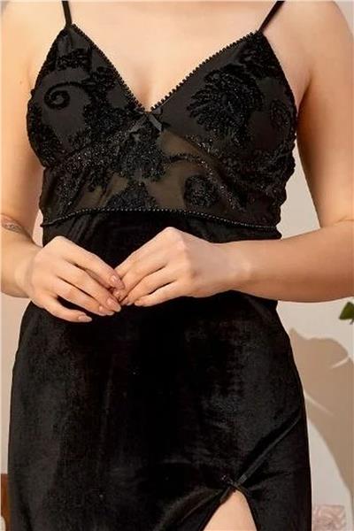 Cossy by Aqua 24120 Kadın İp Askılı Yırtmaçlı Kadife Gecelik-Siyah