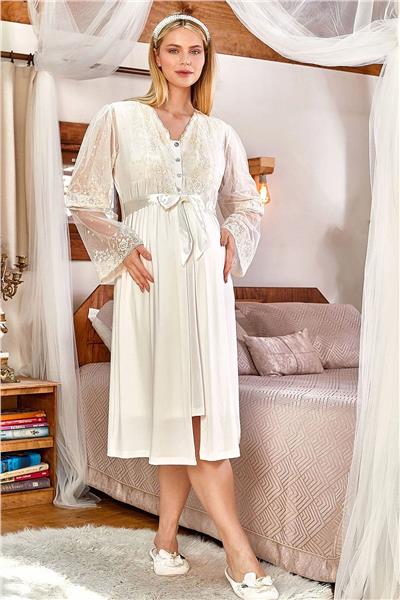 Cossy by Aqua 24150 Kadın Hamile Lohusa Uzun Dantel Kollu Sabahlık -Krem