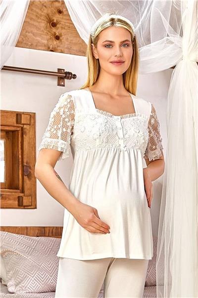 Cossy by Aqua 24169 Kadın Hamile Lohusa Kısa Kollu Dantel Detaylı Pijama Takımı-Krem
