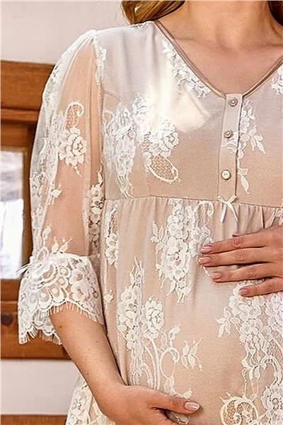 Cossy by Aqua 24172 Kadın Truvakar Kollu Dantel Kaplı Lohusa Pijama Takım-Vizon