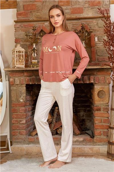 Cossy by Aqua 24185 Kadın Uzun Kollu Pijama Takımı-Gülkurusu
